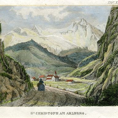 Pedestrians on the Arlberg road near Langen, postcard around 1910